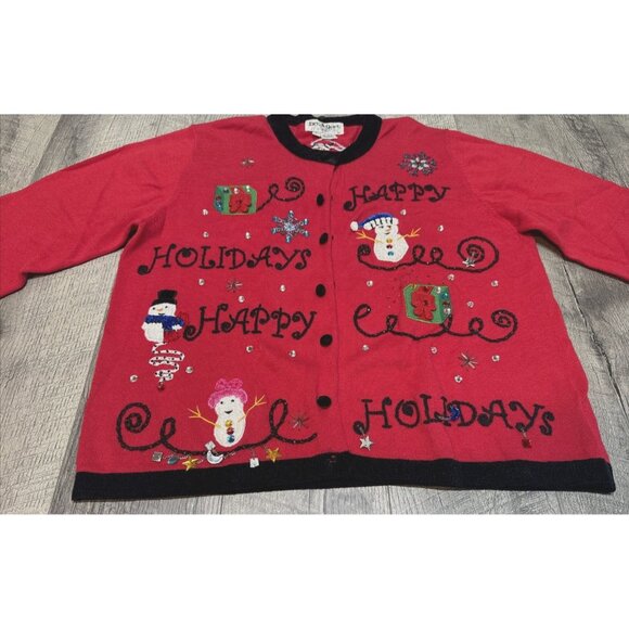 Vintage Jack B Quick Christmas Cardigan Sweater Womens Large Snowman Sequins 90s - Picture 10 of 10
